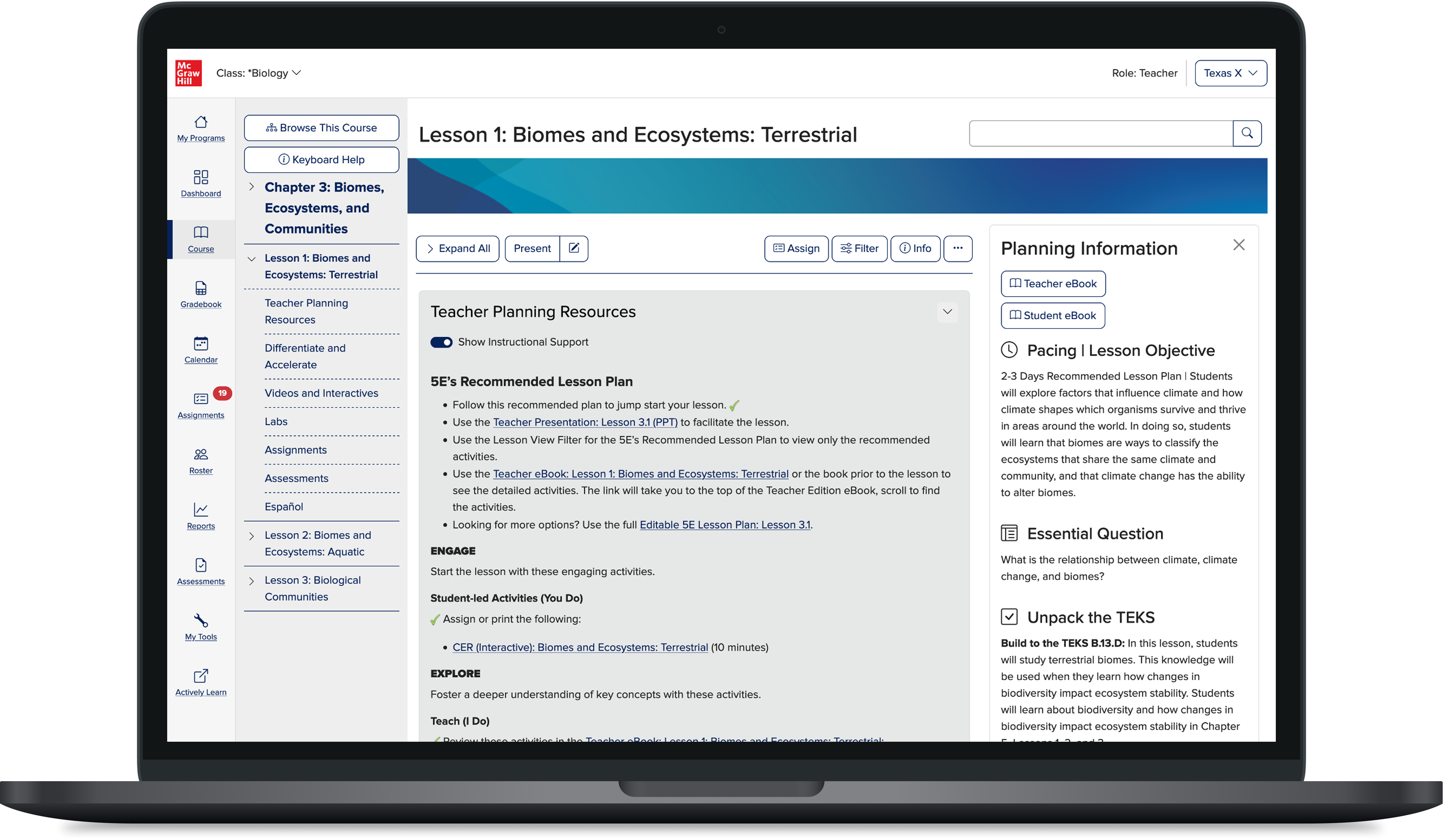 McGraw Hill Education on MacBook, teacher lesson view with planning information