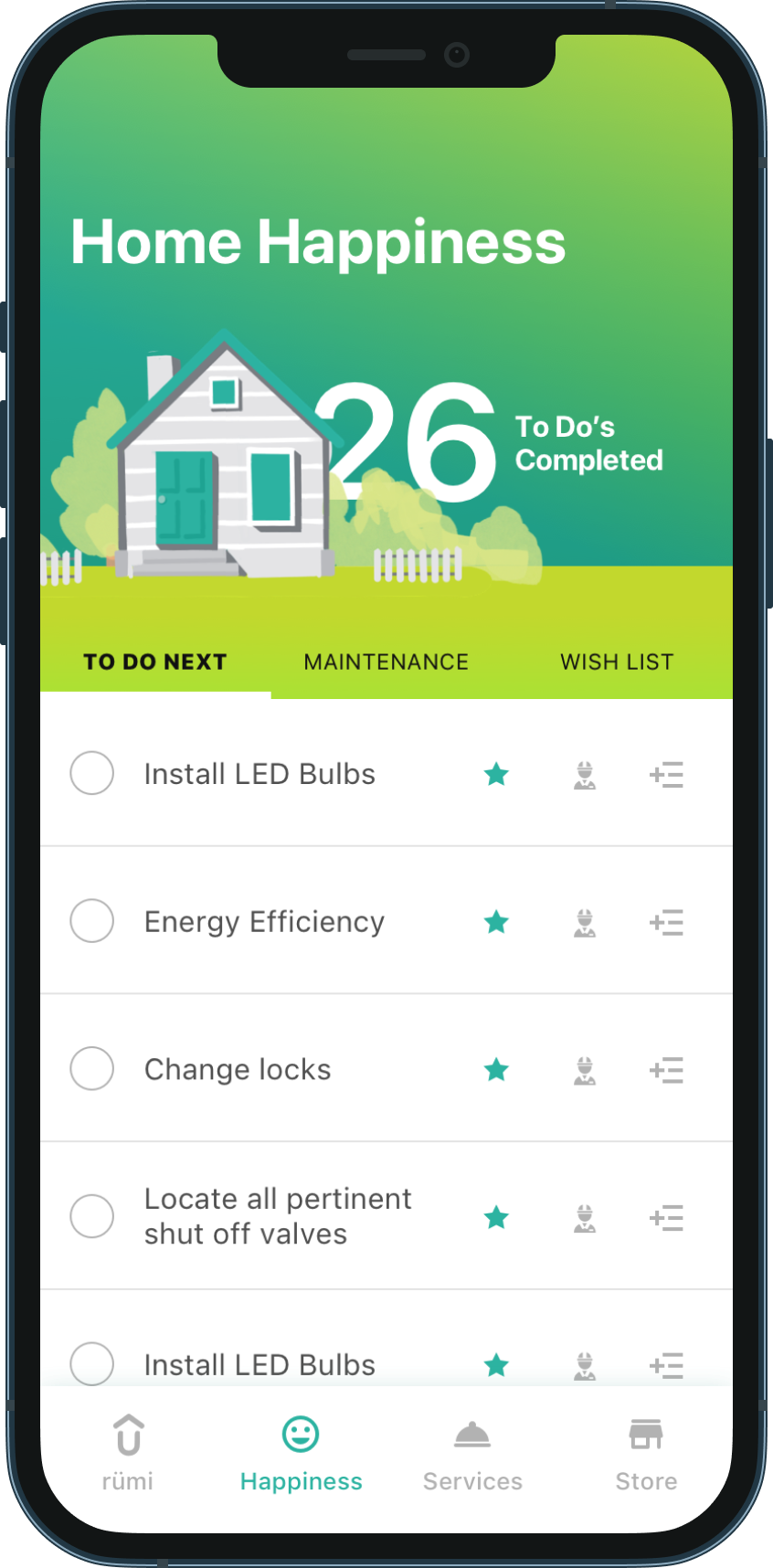 Rümi on iPhone, Home Happiness dashboard with the to-do list