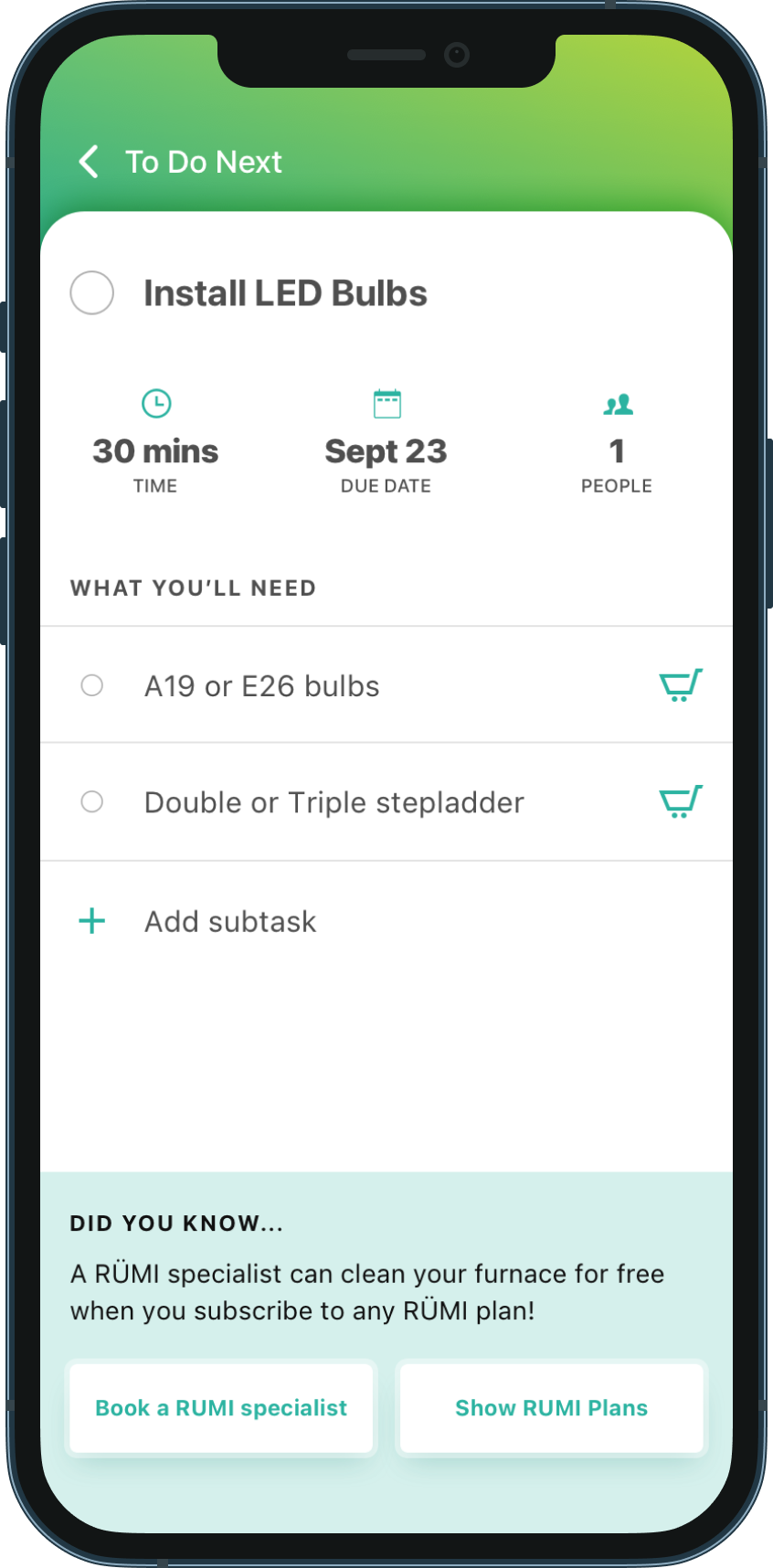 Rümi on iPhone, task detail for installing LED bulbs