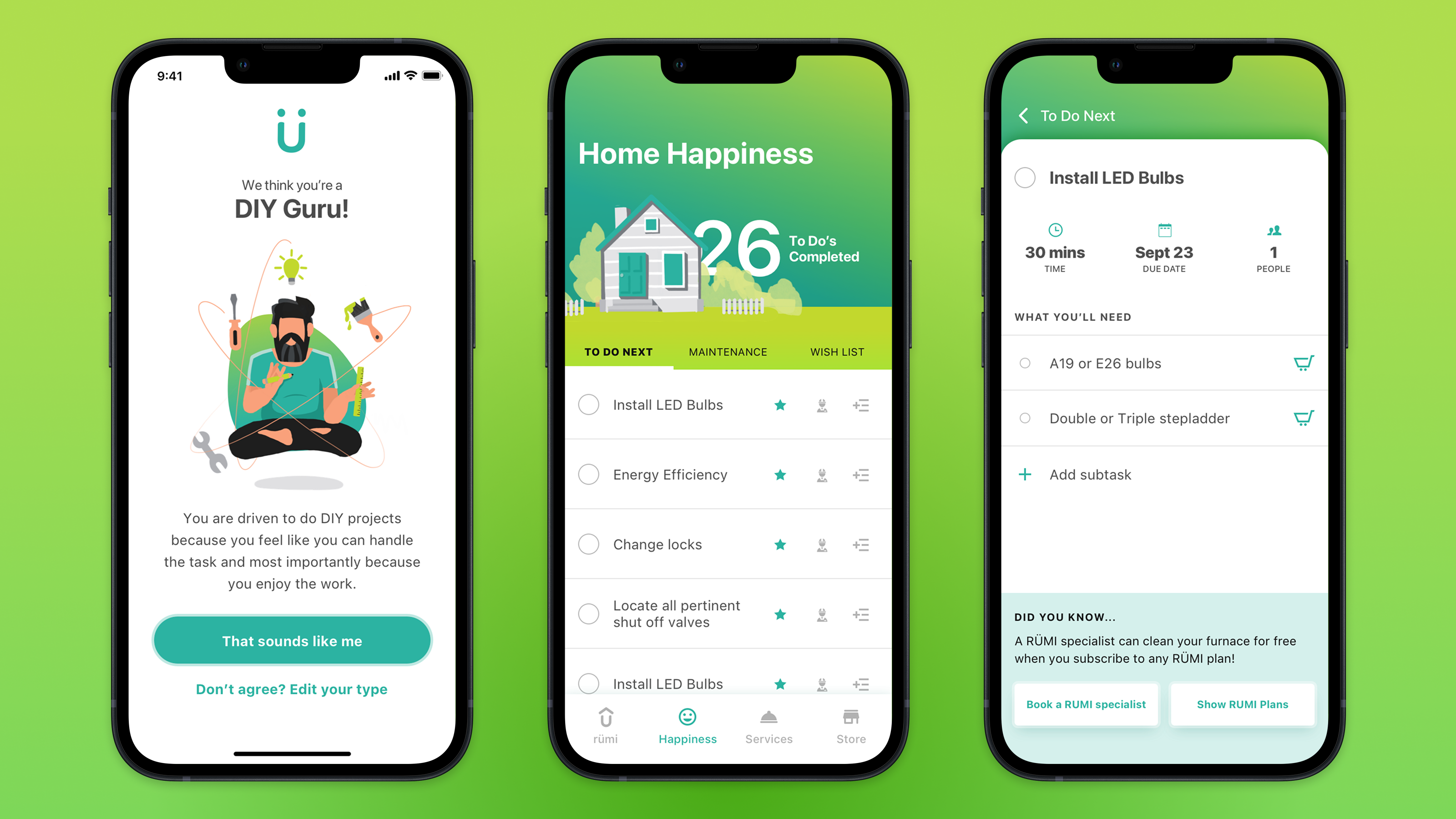 Rümi dashboard showing a user's home tasks and progress.