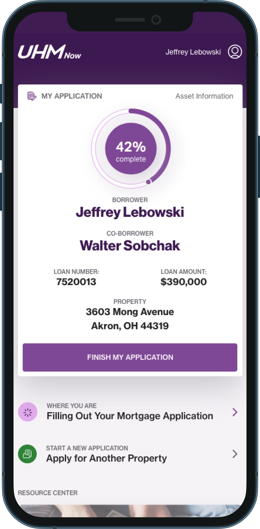 Union Home Mortgage on iPhone, borrower dashboard