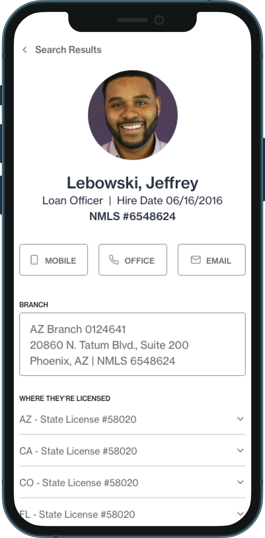 Union Home Mortgage on iPhone, loan officer directory