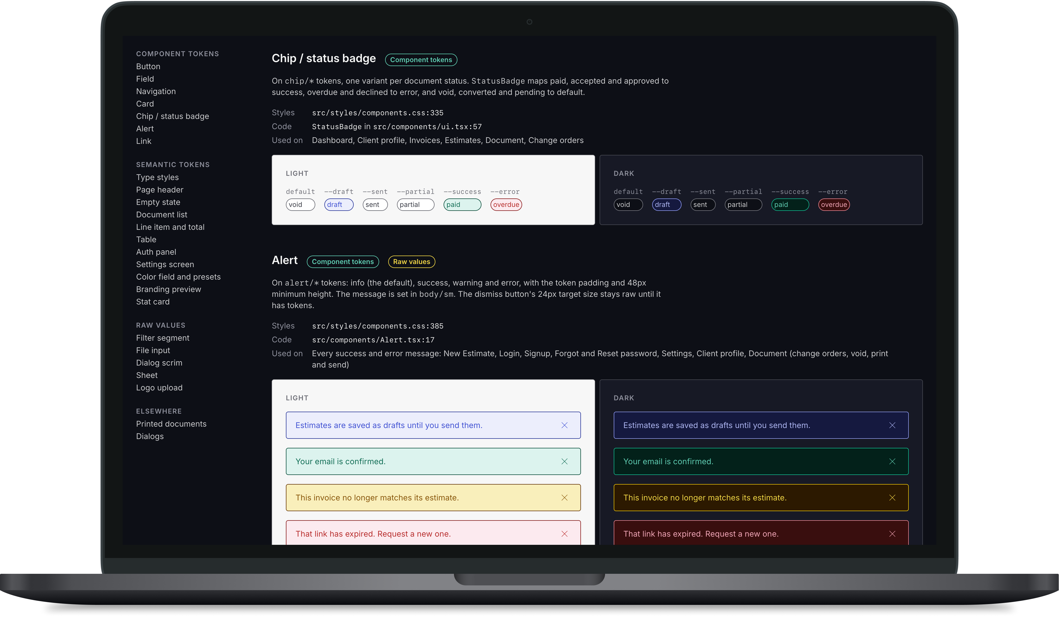 The component reference for the contractor app on a laptop: token documentation for the status chip and the alert, each shown in light and dark